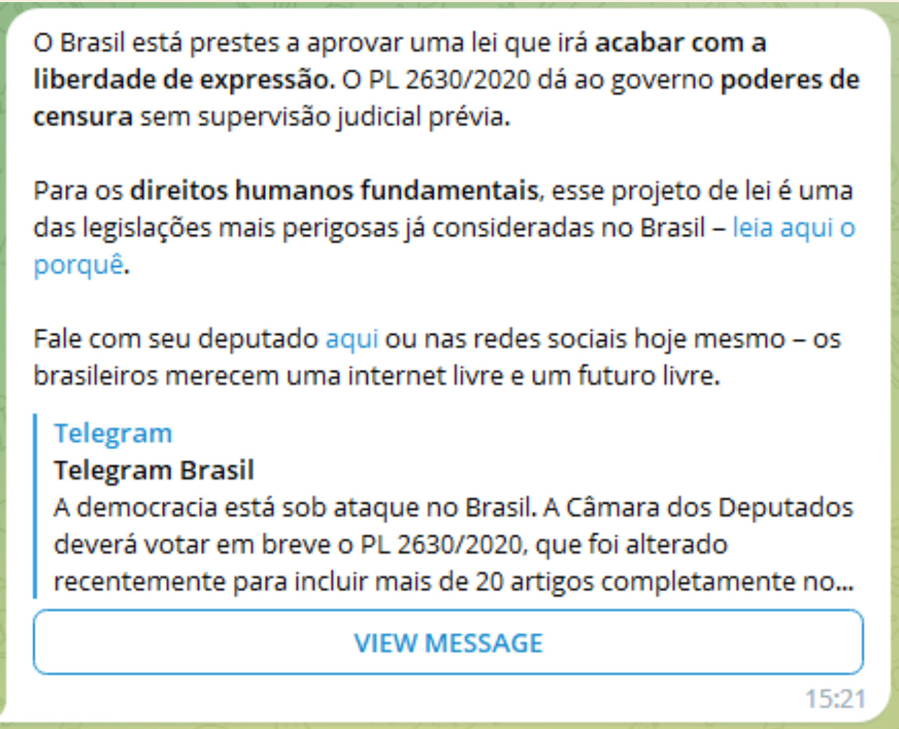 Shared Post Mensagem Do Telegram Alertando Sobre PL Da Censura