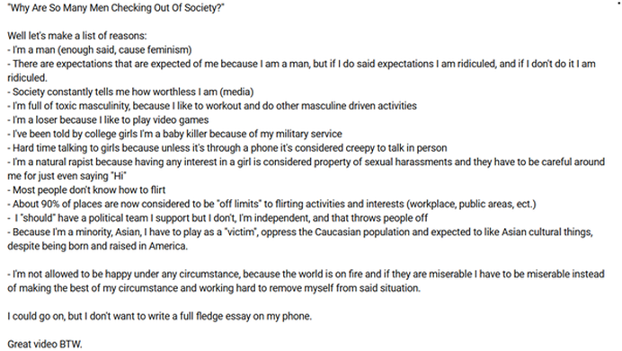 Description of things a man likes but is criticised for by society