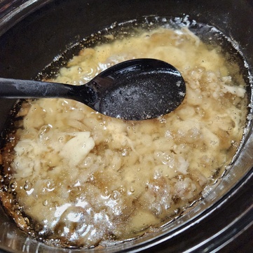 Notice the water boiling off and fat browning on bottom left edge
